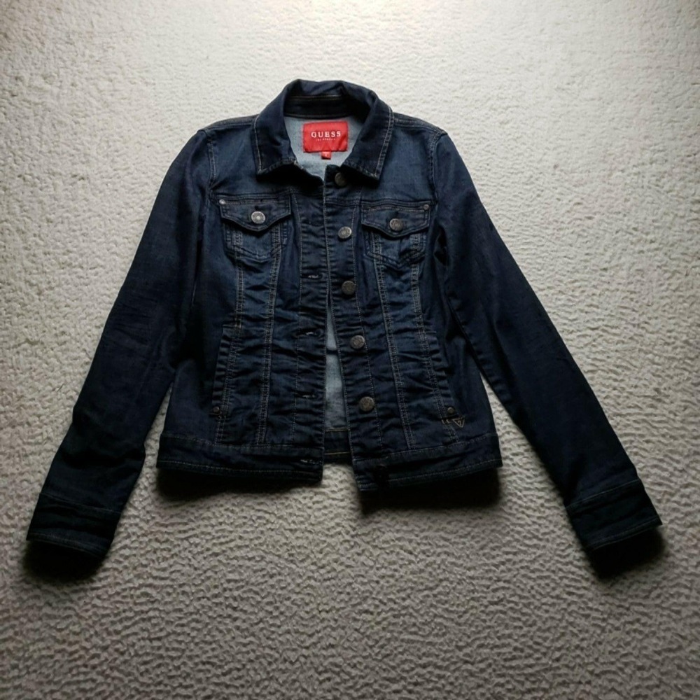 Guess Jacket Womens Small Blue Denim Button Front Collared Pockets Stretch